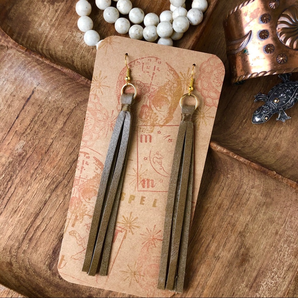 Boho Leather Tassel Earrings | Storm Gray | Brass Hardware